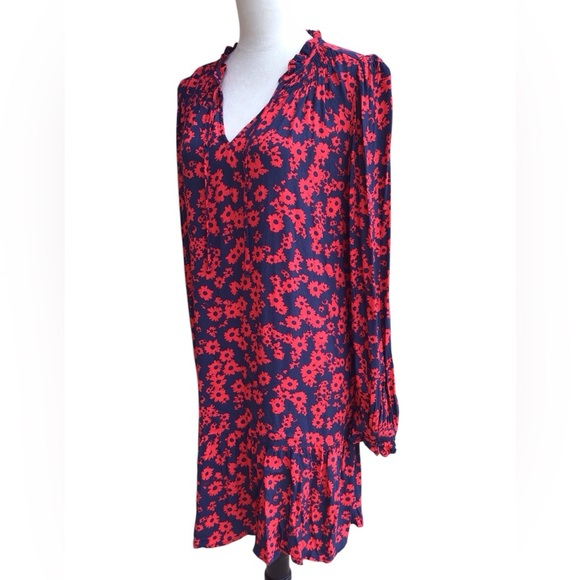 Loft Floral Tie Neck Flounce Dress Size Medium - Picture 6 of 9